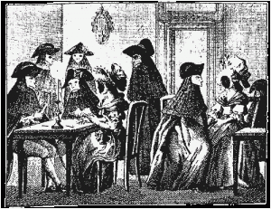 illustration de la pièce de Goldoni "Donne gelose" Les protagonistes sont masqués, attablés à ds tables de jeu