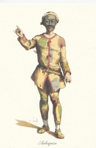 Arlequin début XVII ème aux vêtements rapiécés. Maurice Sand 1860